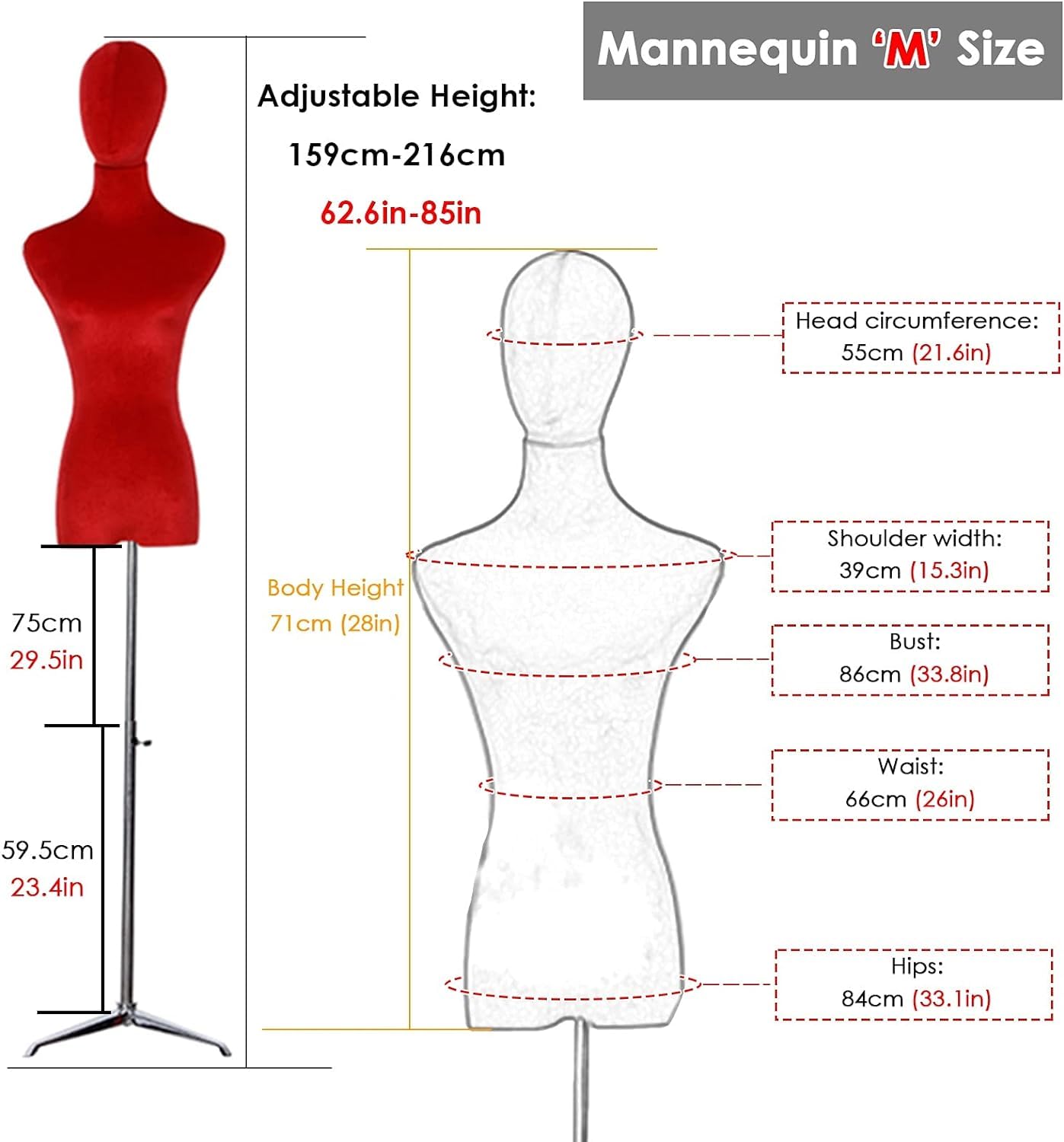 Amazon.co.jp: 女性の赤いマネキン本体、調節可能な高さ159cm-216cm